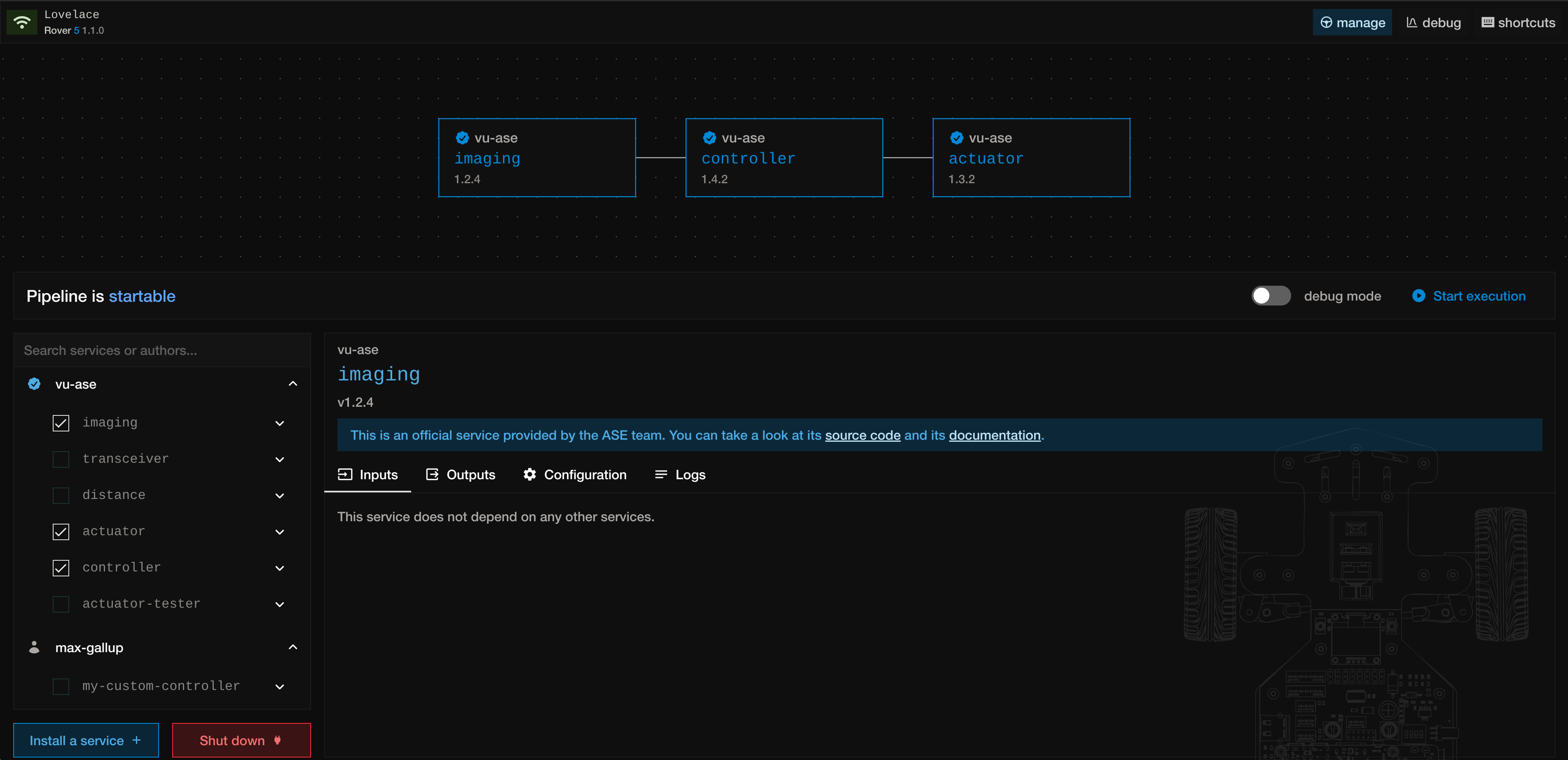 Screenshot of manage web page exposed by roverctl